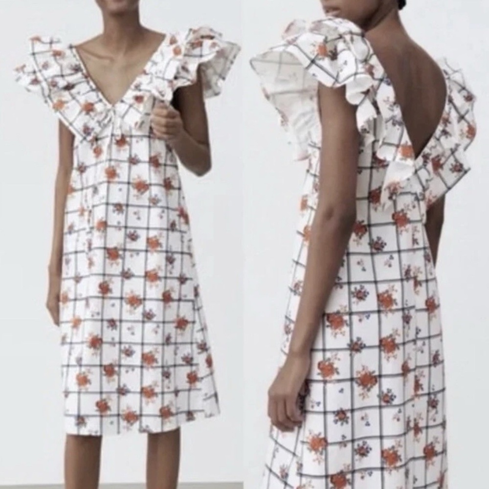Zara Women Size M Floral Grid Print Ruffle V-Neck Midi Dress White Orange NWT